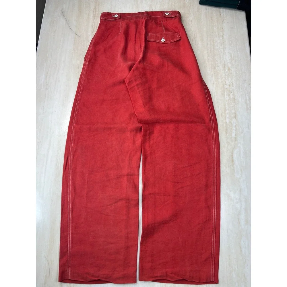 Mango MNG Suit Red Wide Leg High Rise Contrast Stitch Trousers Pants Womens 2